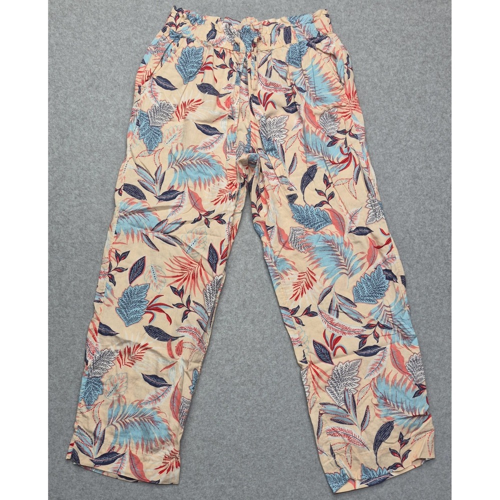 Nicole Miller New York Pants Womens L Pink Linen Blend Wide Leg Floral Pull On
